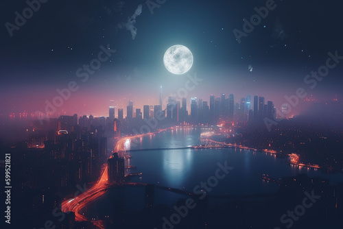 Beautiful Cityscape in Foggy Night with Skyscraper Buildings and Highway Roads under the Full Moon