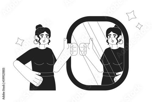 Mirror affirmations monochrome concept vector spot illustration. Woman with thumb up reflection mirror 2D flat bw cartoon character for web UI design. Good job isolated editable hand drawn hero image