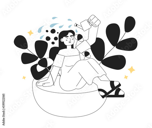 Help yourself grow monochrome concept vector spot illustration. Self improvement woman 2D flat bw cartoon character for web UI design. Personal development isolated editable hand drawn hero image
