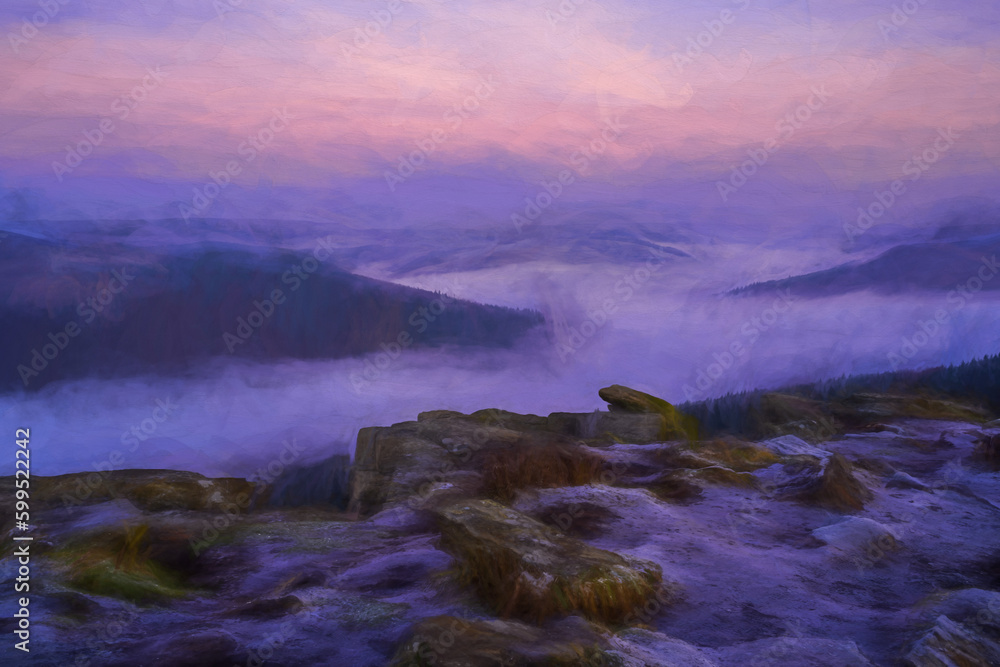 Digital oil painting of a Bamford Edge sunrise cloud inversion in the Peak District, UK.