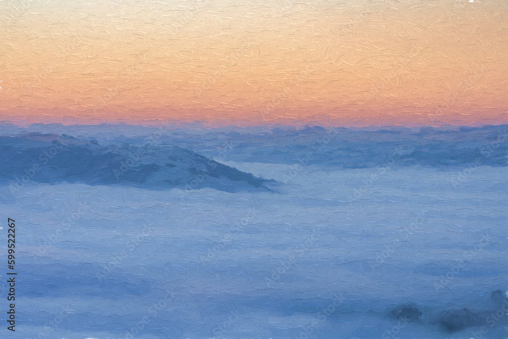 Digital oil painting of a Bamford Edge sunrise cloud inversion in the Peak District, UK.