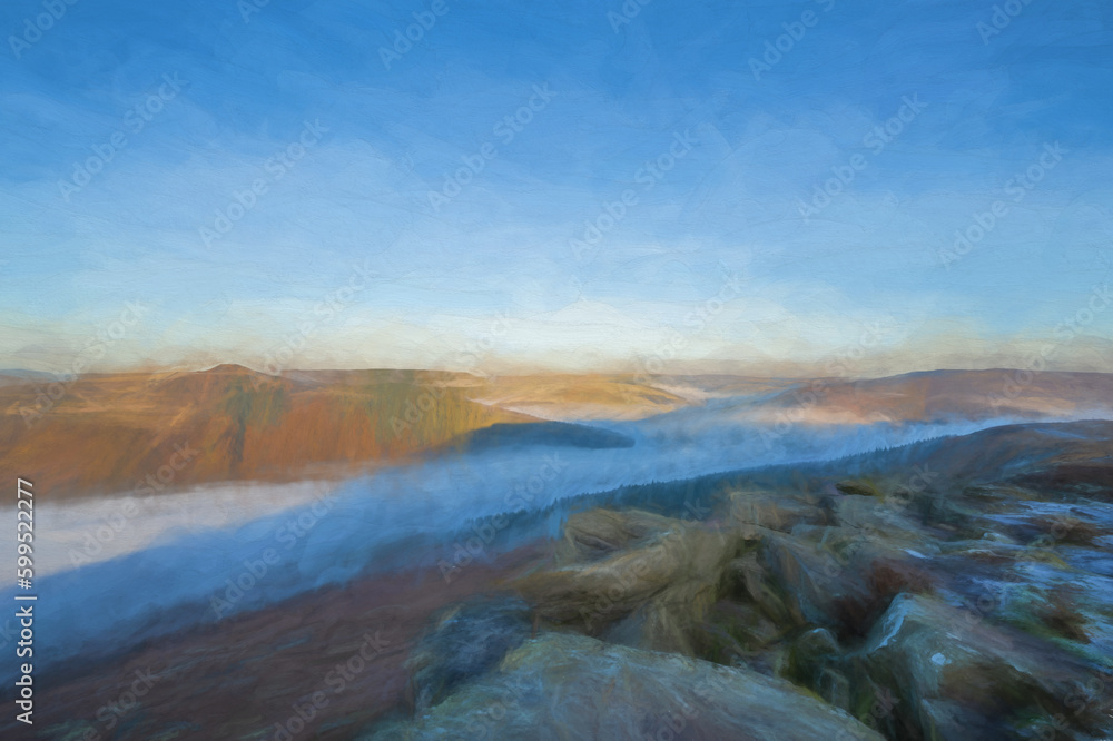 Digital oil painting of a Bamford Edge sunrise cloud inversion in the Peak District, UK.