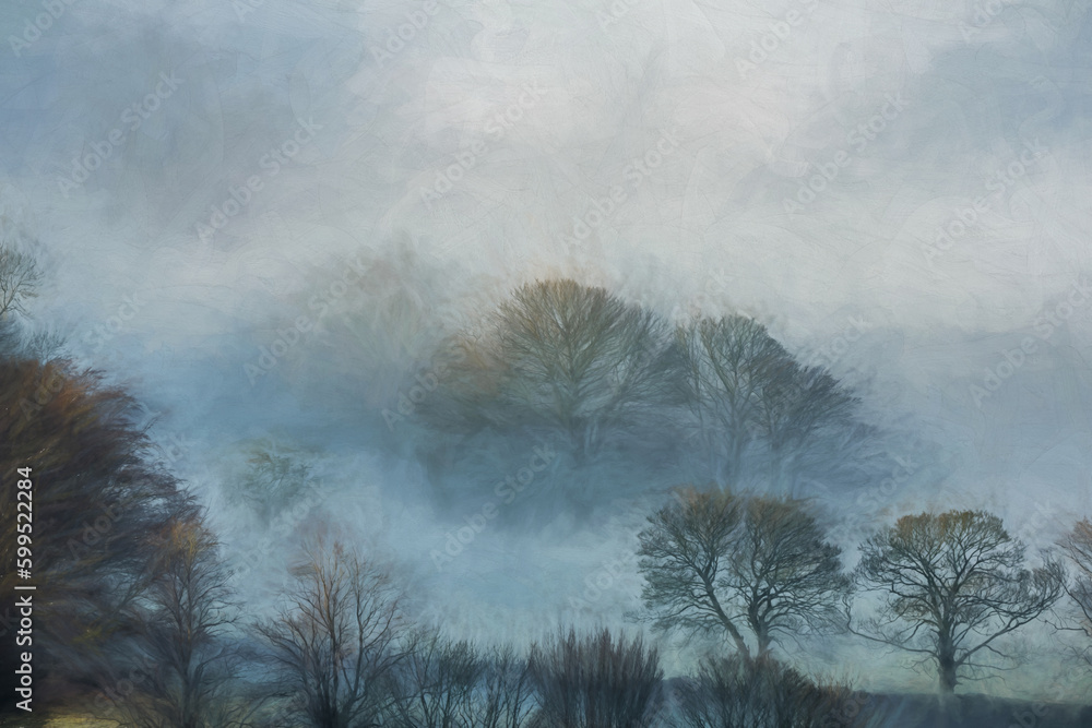 A Bamford Edge digital oil painting of trees and mist in the Peak District, UK. A Bamford Edge digital oil painting of trees and mist in the Peak District, UK.
