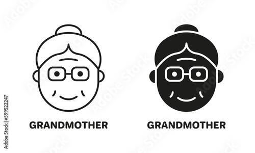 Old Woman, Senior Person Silhouette and Line Icon Black Set. Happy Elder Lady Pictogram. Old Grandmother Symbol Collection on White Background. Retirement Concept. Isolated Vector Illustration