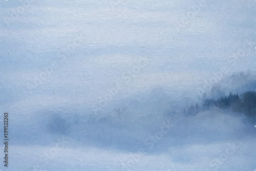 A Bamford Edge digital oil painting of trees and mist in the Peak District, UK.