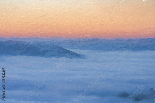 Digital oil painting of a Bamford Edge sunrise cloud inversion in the Peak District, UK.