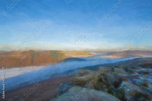 Digital oil painting of a Bamford Edge sunrise cloud inversion in the Peak District  UK.