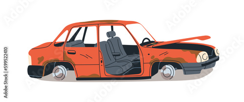 Rusted broken car junk. Abandoned damages ruined rusted auto. Rotting rusty automobile debris, garbage. Aged derelict obsolete vehicle, transport. Flat vector illustration isolated on white background