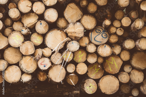 Grossi tronchi appena tagliati, accatastati nel bosco sul ciglio della strada. Trentino Alto Adige, Italia, Val Genova. photo