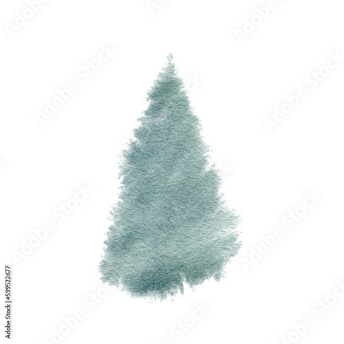 Watercolor abstract fir tree. Hand drawn illustration. Forest template, Winter foggy woodland landscape background. Wild nature in wintertime. Christmas card design. Evergreen tree graphic isolated on