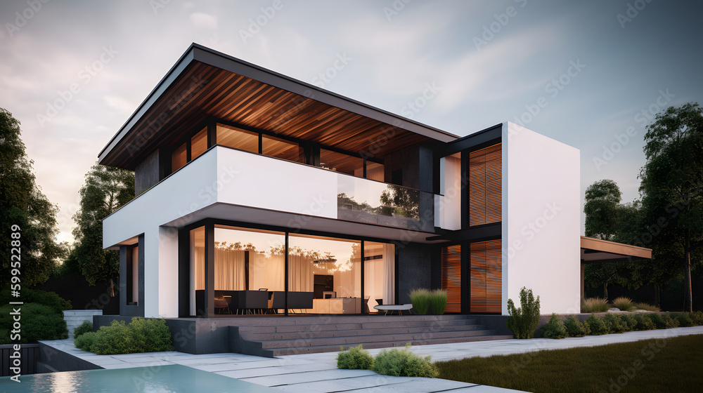 This stunning stock image showcases a beautifully designed house featuring a sleek and stylish exterior with clean lines and a contemporary feel, perfectly integrated with the surrounding landscape.