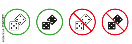 Forbidden Gambling Bet Pictogram. Dice Allowed and Prohibited Line and Silhouette Black Icon Set. Dice, No Play in Backgammon Sign. Risk Playing Cube Red Stop Symbol. Isolated Vector Illustration