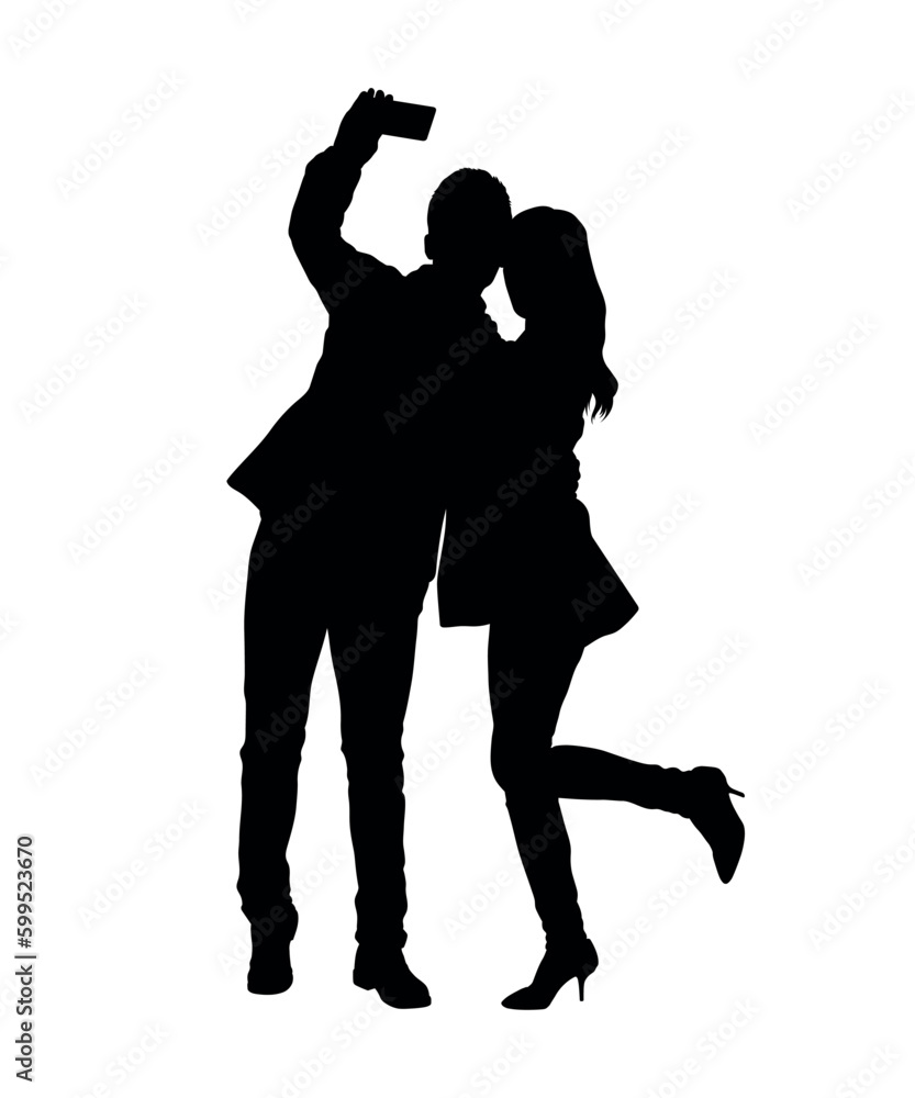 Silhouettes of couple man and woman taking selfie on white background vector.