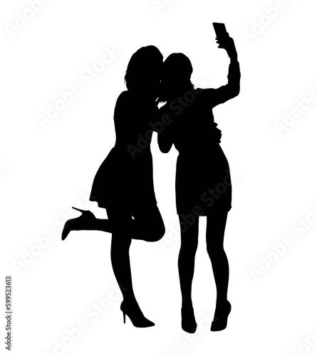 Silhouette of two beautiful girls taking selfie on white background vector.