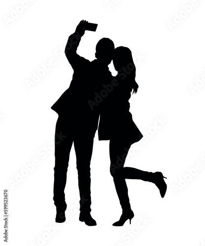 Silhouettes of couple man and woman taking selfie on white background vector.