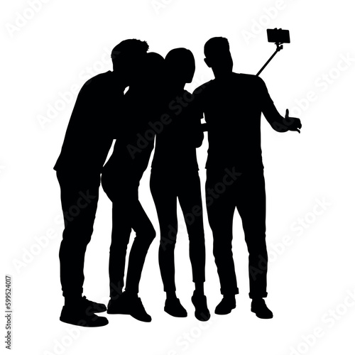 Group of young people taking selfie with selfie stick on white background silhouette vector.