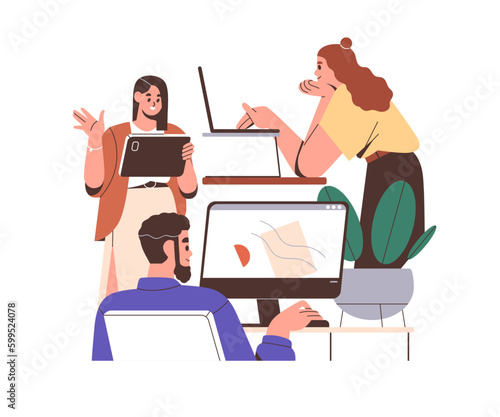 Team work in creative company. Colleagues, coworkers, employee working under common business project. Different tasks, roles in teamwork. Flat graphic vector illustration isolated on white background