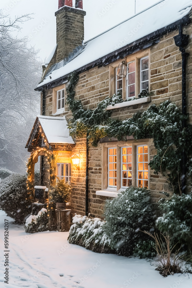 Beautiful charming English country style cottage decorated for Christmas in winter. Generative AI