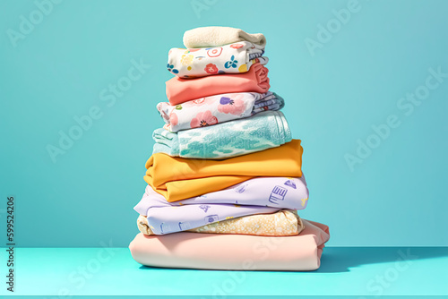Stack of clean and folded childrens clothes after laundry. Generative AI
