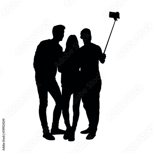Group friends taking selfie with selfie stick silhouette vector.