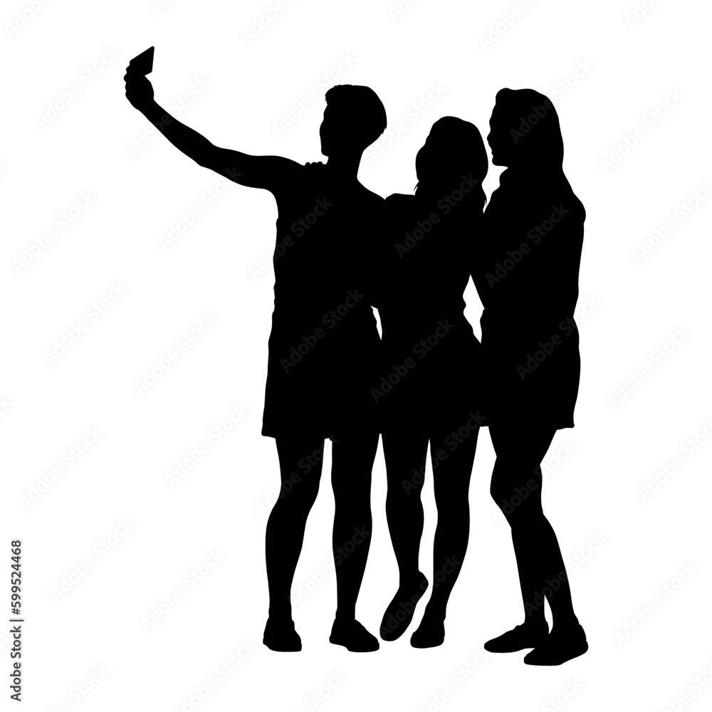 Three beautiful girls taking selfie on white background silhouette vector.