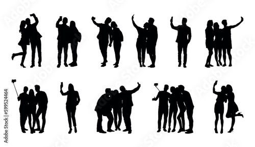 Group of people selfie different poses silhouette vector set on white background.