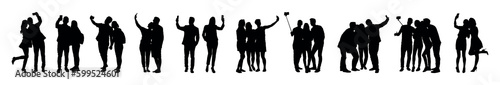 Set silhouettes of people taking selfie in various poses on white background. Group of people selfie vector collection.