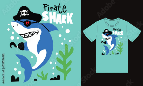 Cute pirate shark illustration with tshirt design premium vector