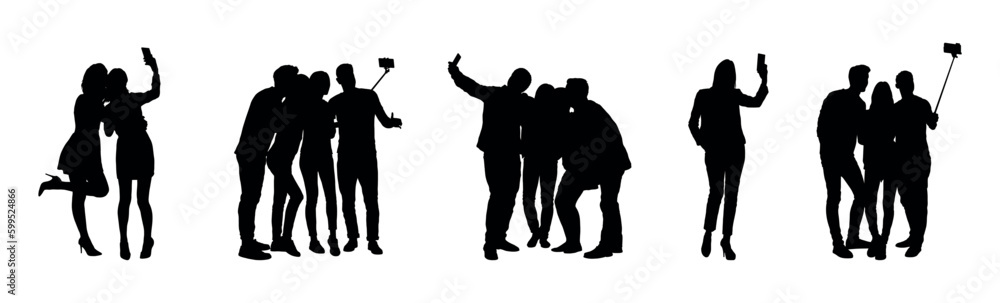 Silhouettes set of people taking selfie in different poses on white background vector collection.