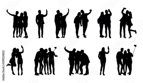 Foto Silhouette group of people selfie different poses silhouette vector set on white background