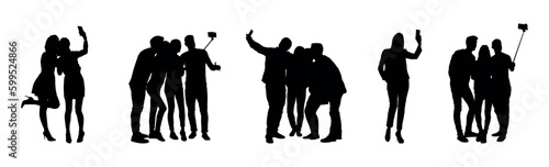 Silhouettes set of people taking selfie in different poses on white background vector collection.