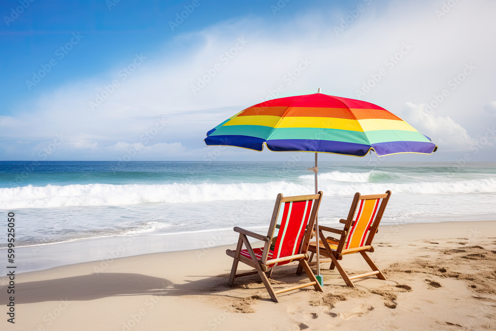 Umbrellas and hammocks on beach. Summer concept. AI generative.