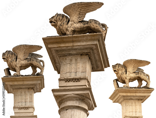 Marble statue of the Winged Lion of Saint Mark (Leone di San Marco), isolated on white or transparent background. Symbol of the Venetian Republic. Png. Feltre, Belluno, Veneto, Italy, Europe.
