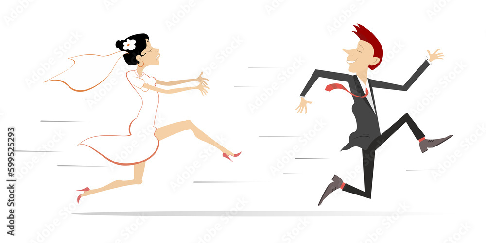 Married wedding couple. Bridegroom runs away from the bride illustration. 
Upset bride trying to catch up a runaway bridegroom. Isolated on white background
