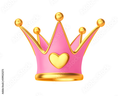 Gold and pink princess crown with heart isolated on white. Clipping path included