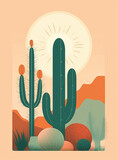 A cactus with a sun on top in a flat design, in the style of subtle, earth tones, inspired by Mexican folklore. Tradition and culture of Mexico. ai generated colorful earth illustration