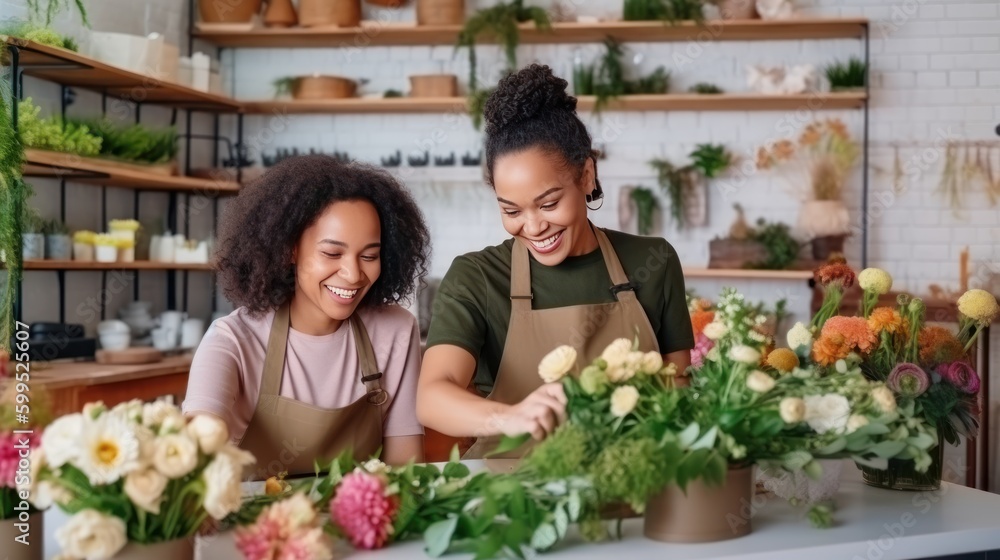 Women working together in florist shop. Generative AI.