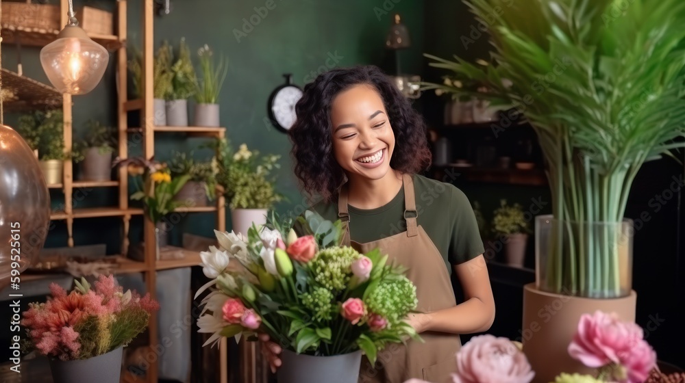 Happy florist selling plants and flowers. Generative AI.
