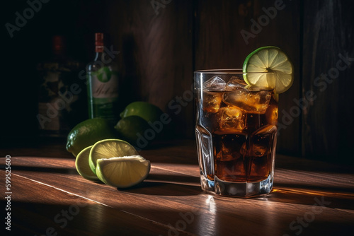 Cuba libre and limes on wooden table | Ai generative