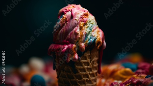 Melting ice cream cone with colorful drips evoking a hot summer day