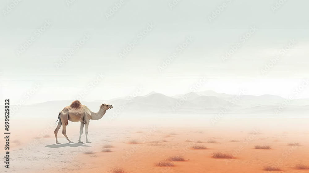 minimalist abstract illustration of a lone camel walking in the sahara desert with ethereal dreamscapes art style, generative AI minimalist abstract illustration of a lone camel walking in the sahara desert with ethereal dreamscapes art style, generative AI