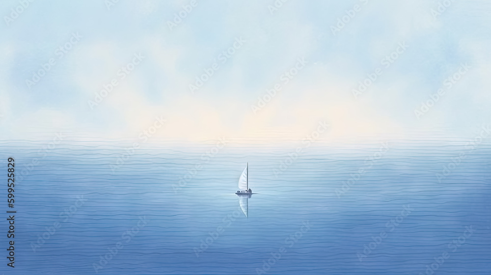 minimalist abstract illustration of a lone sailboat in wavy blue sea with ethereal dreamscapes art style, generative AI