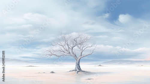 minimalist abstract illustration of a dead lone tree in open plain with white sand in ethereal dreamscapes art style, generative AI © Mongkolchon