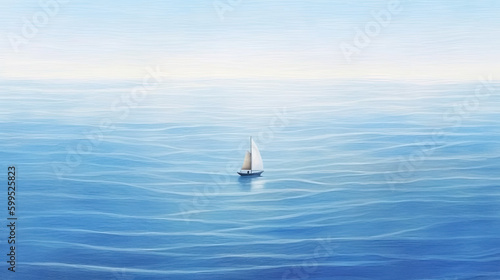 minimalist abstract illustration of a lone sailboat in wavy blue sea with ethereal dreamscapes art style, generative AI © Mongkolchon