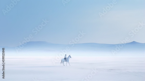 minimalist abstract illustration of a man riding a horse in open plain of white sand with ethereal dreamscapes art style, generative AI