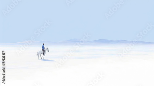 minimalist abstract illustration of a man riding a horse in open plain of white sand with ethereal dreamscapes art style, generative AI