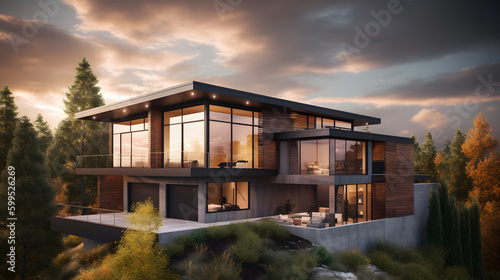 This awe-inspiring stock photo captures the beauty of a contemporary house design featuring a beautiful blend of materials, including concrete, steel, and glass. © CanvasPixelDreams