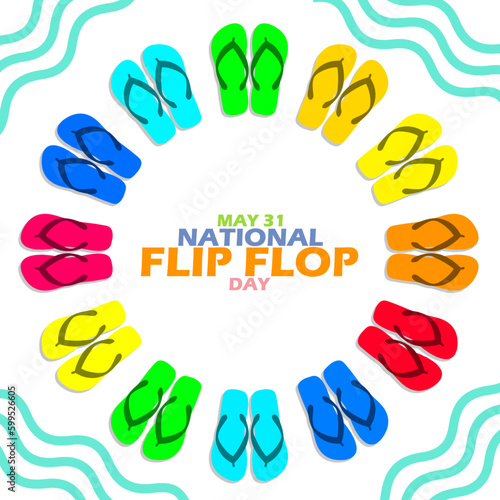 Arrangements of flip flops with different color variations and bold text on white background to celebrate National Flip Flop Day on May 31