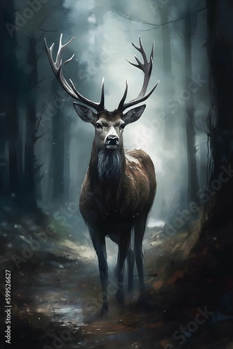 deer stands and look  full body portrait digital brush painting of a deer with large antlers in forest  with blue-grey light created with Generative AI technology