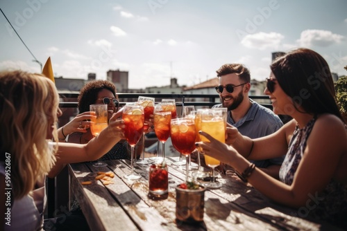 Candid shot of a group of friends toasting with drinks on a rooftop patio, enjoying a summer social gathering and celebrating togetherness, generative ai photo